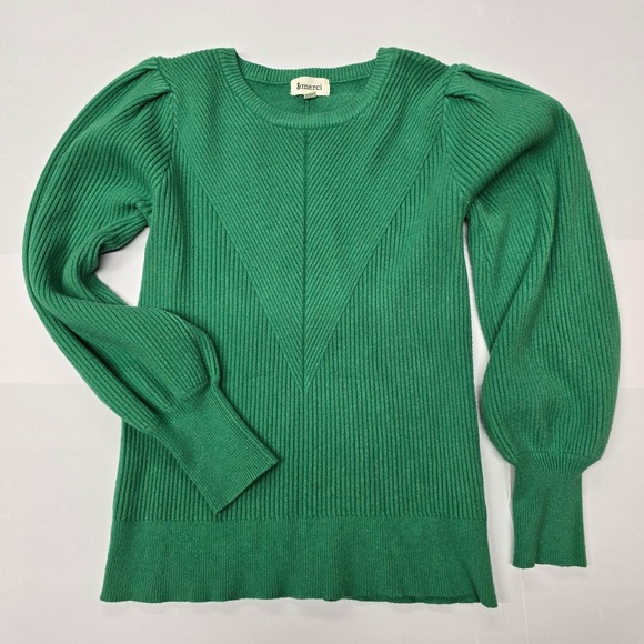 Merci Green Ribbed Puff Sleeve V Neck Sweater Top Women's Size L Cotton - Picture 2 of 7